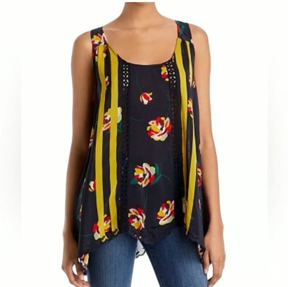 Johnny Was Emily Hi Lo Tank Blouse Floral Sleeveless Navy Yellow Women's M